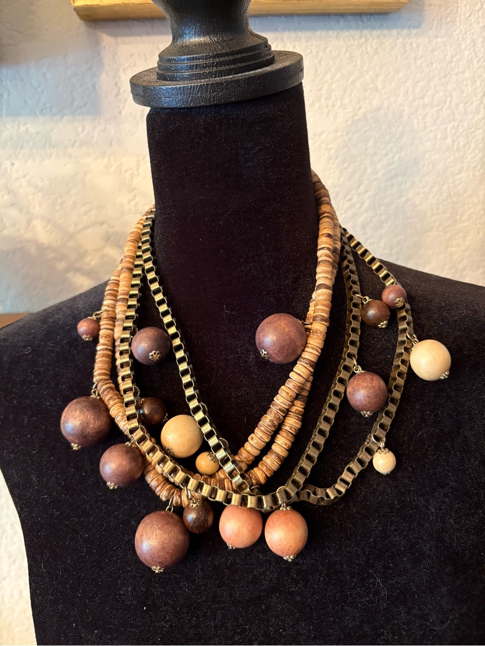 Tasha Multi-Strand Wooden Bead Necklace - Brown & Tan